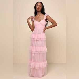 Lulus Pure Radiance Pink Mesh Swiss Dot Tiered Maxi Dress